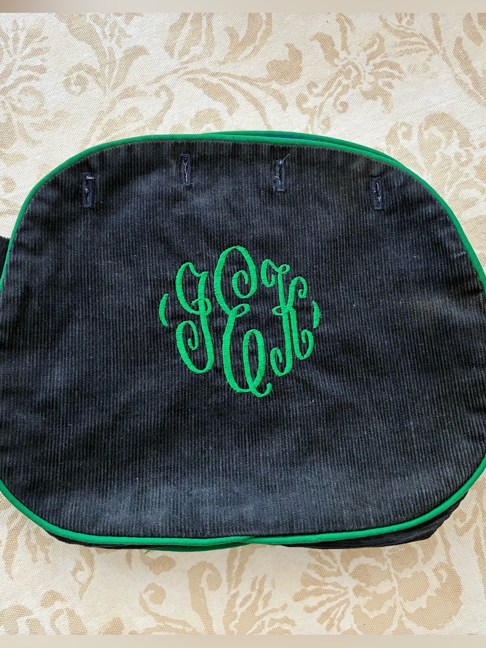 Bermuda Bag Cover Navy Blue Corduroy Green Piping Monogram 4 Button Vintage
